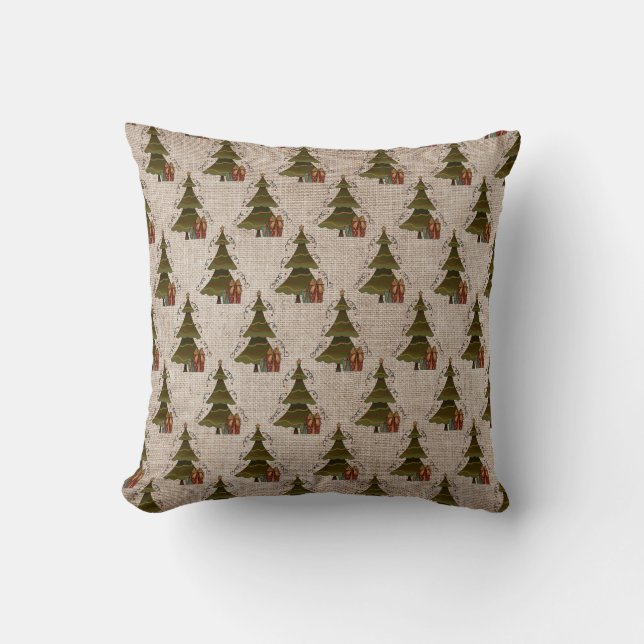 Country Christmas Tree And Gifts - Linen Look Throw Pillow (Front)