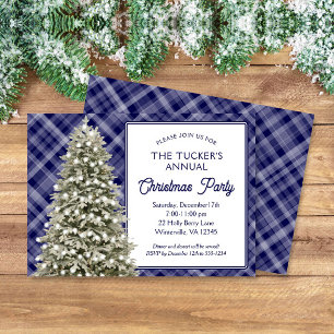 Country Christmas Tree Blue Plaid Christmas Party Invitation