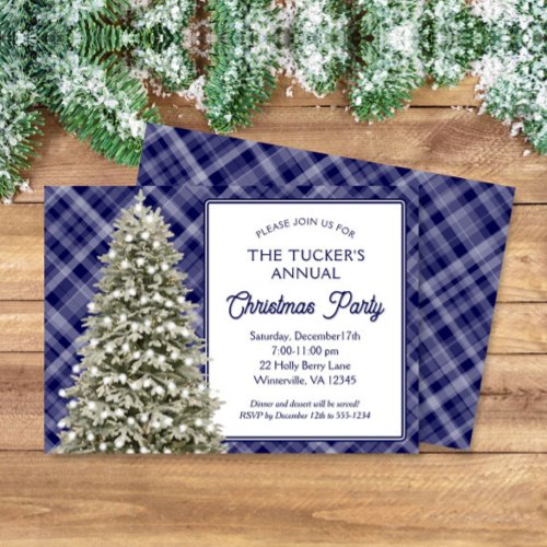 Country Christmas Tree Blue Plaid Christmas Party Invitation