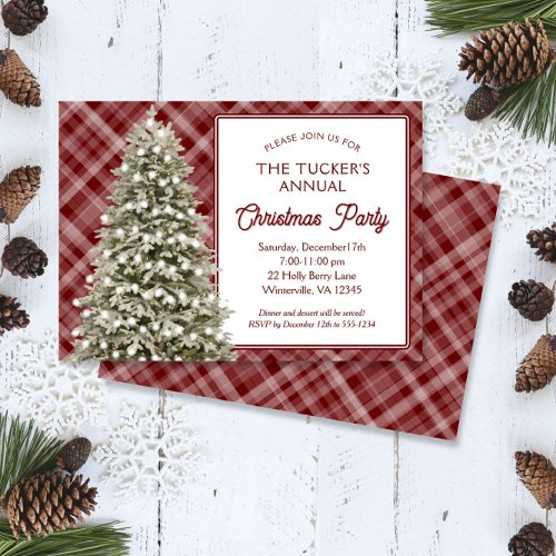 Country Christmas Tree Red Plaid Christmas Party Invitation