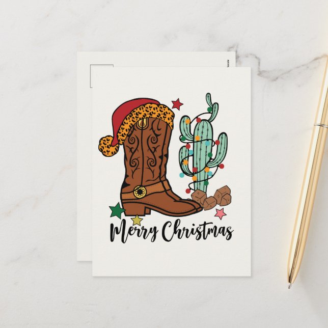 Country Christmas Western boot  Holiday Postcard (Front/Back In Situ)