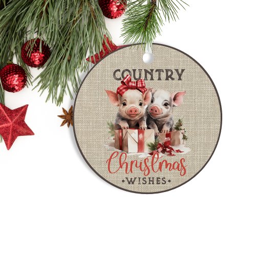 Country Christmas Wishes with Two Piglets Metal Ornament