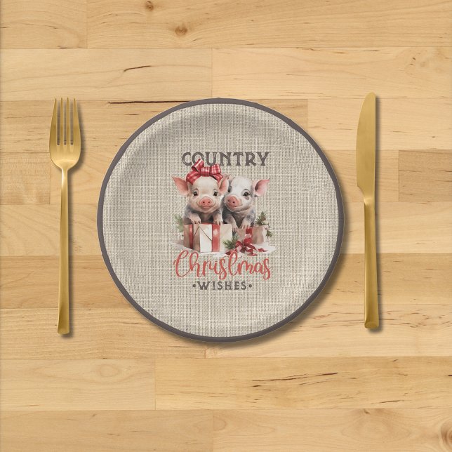 Country Christmas Wishes with Two Piglets Paper Plates (Creator Uploaded)