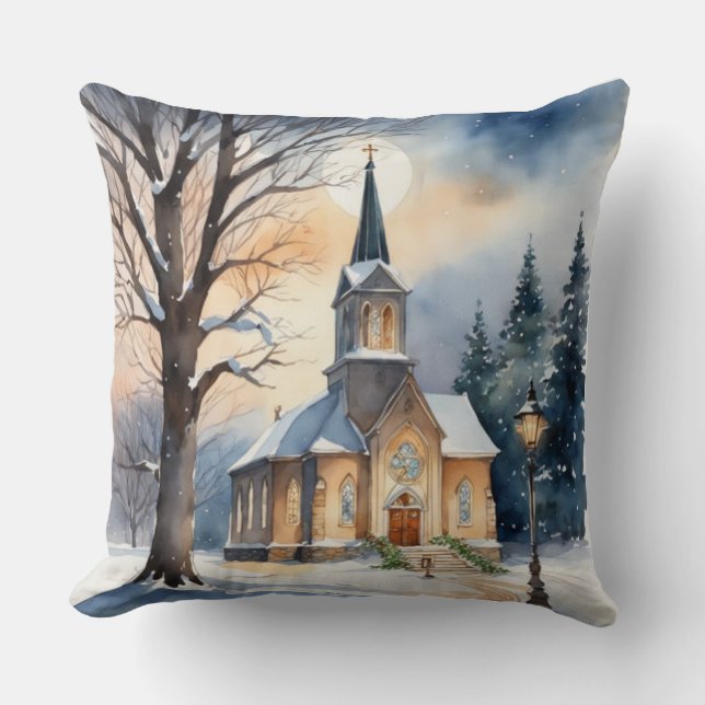 Country Church, Country Christmas Church, Church Throw Pillow (Front)