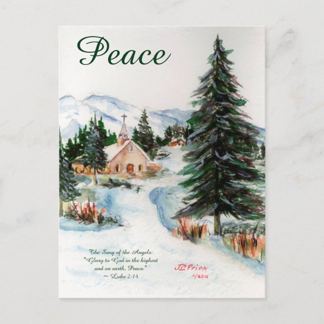 Country Church in Winter Watercolor Mountain Scene Holiday Postcard (Front)