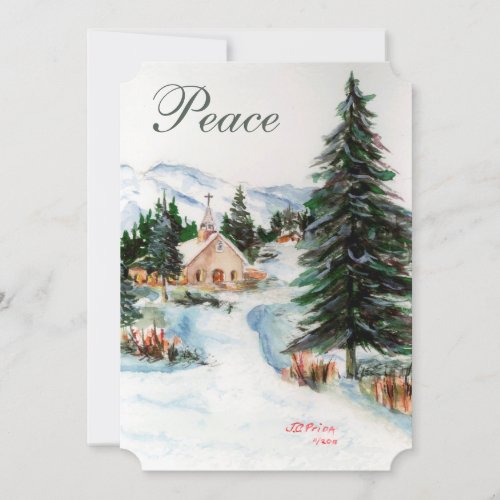 Country Church in Winter Watercolor Mountain Scene Invitation