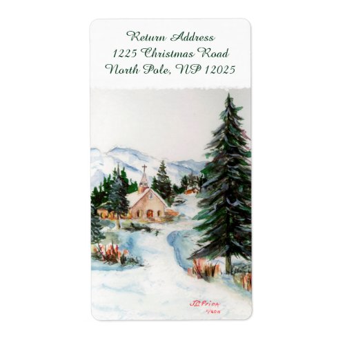 Country Church in Winter Watercolor Mountain Scene Label