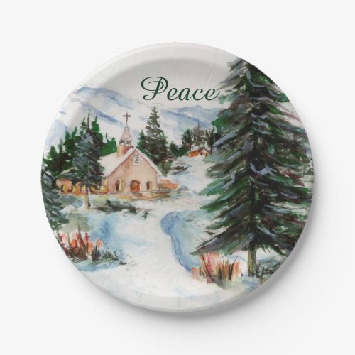 Country Church in Winter Watercolor Mountain Scene Paper Plates