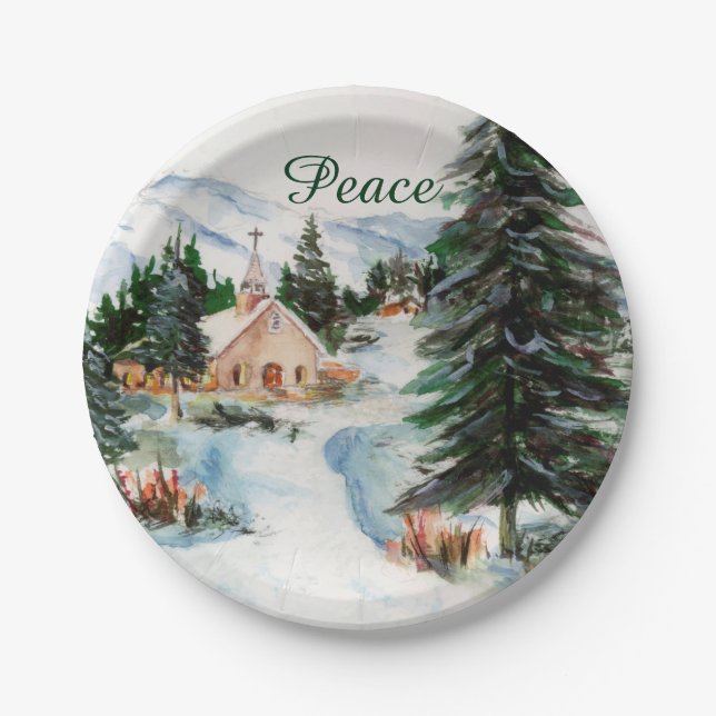 Country Church in Winter Watercolor Mountain Scene Paper Plates (Front)