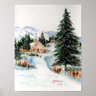 Country Church in Winter Watercolor Mountain Scene Poster