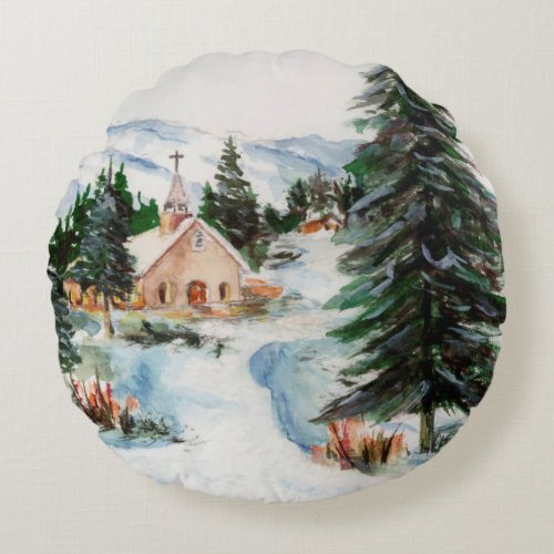 Country Church Winter Watercolor Mountain Scene Suziq Creations