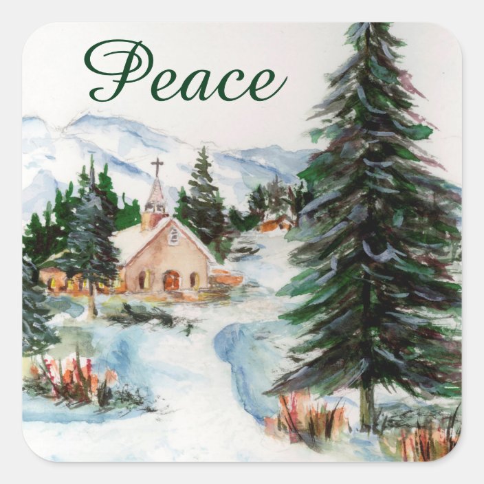Country Church In Winter Watercolor Mountain Scene Square Sticker