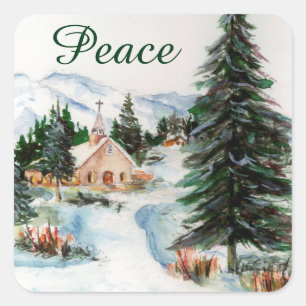 Country Church in Winter Watercolor Mountain Scene Square Sticker