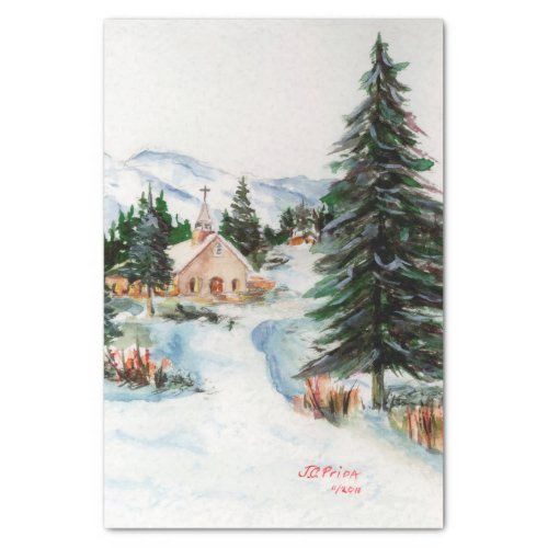 Country Church in Winter Watercolor Mountain Scene Tissue Paper