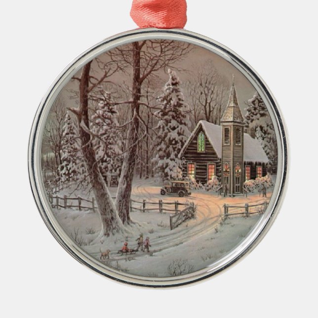 Country Church Scene Christmas Tree Ornament (Front)