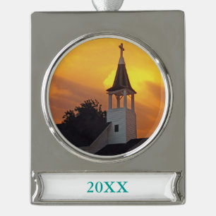 Country Church Silver Plated Banner Ornament