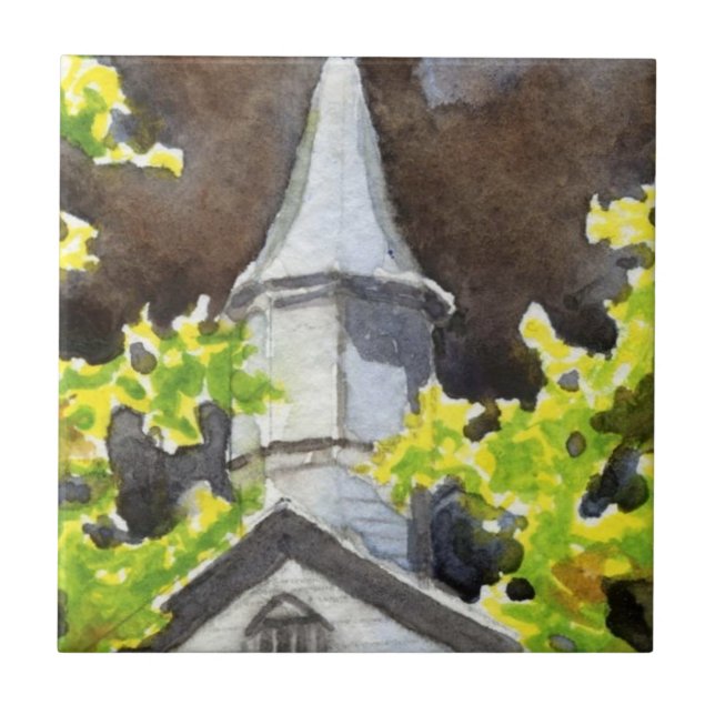 Country church steeple with dark storm behind ceramic tile (Front)