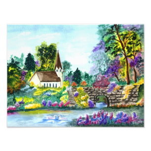 Country Church Watercolor Painting Photo Print