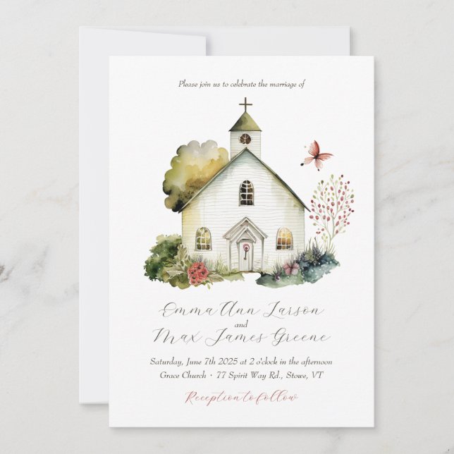 Country Church Watercolor Wedding Invitation (Front)