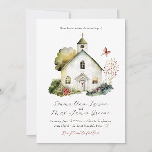 Country Church Watercolor Wedding Invitation
