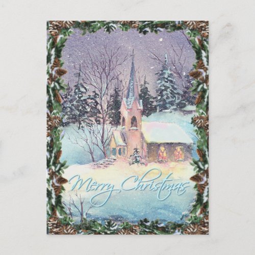COUNTRY CHURCH  WREATH by SHARON SHARPE Holiday Postcard