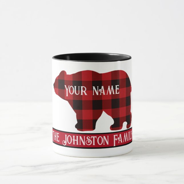 Country classic bear, red black plaid mug (Center)