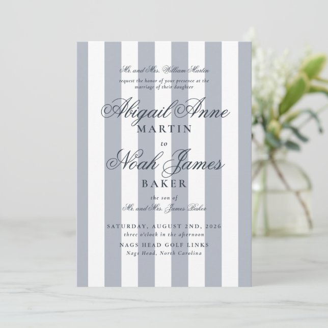 Country Club Formal Elegant Blue Striped Wedding  Invitation (Standing Front)