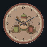 Country Coffee Kitchen Clock<br><div class="desc">This fun country & primitive style clock will look wonderful in your kitchen!  Pictured are two coffee cups and a coffee pot. One coffee cup is green gingham check and the other is a red polka dots.  Coffee pot is tan with a red apple and green and tan accents.</div>
