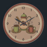 Country Coffee Kitchen Clock<br><div class="desc">This fun country & primitive style clock will look wonderful in your kitchen!  Pictured are two coffee cups and a coffee pot. One coffee cup is green gingham check and the other is a red polka dots.  Coffee pot is tan with a red apple and green and tan accents.</div>