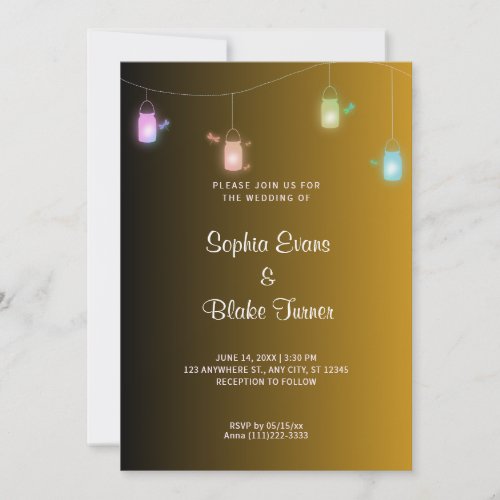 Country Colored Hanging Mason Jars Gold Wedding Invitation
