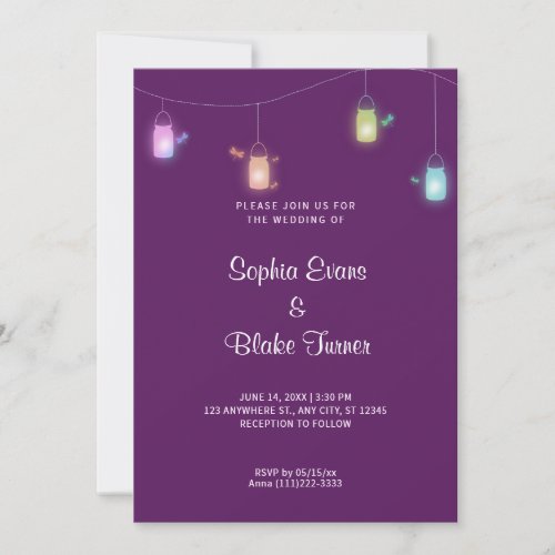 Country Colored Hanging Mason Jars Purple Wedding Invitation