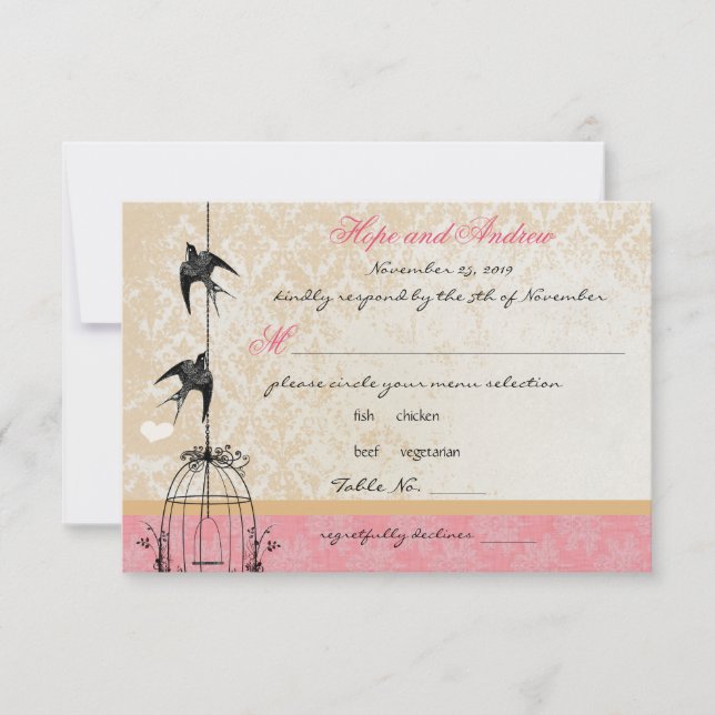 Country Coral Damask Bird Cage Wedding RSVP Card (Front)