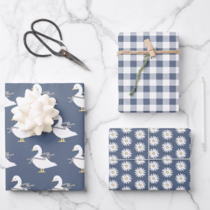 Country Cottage Blue Goose, Plaid and Daisies Wrapping Paper Sheets