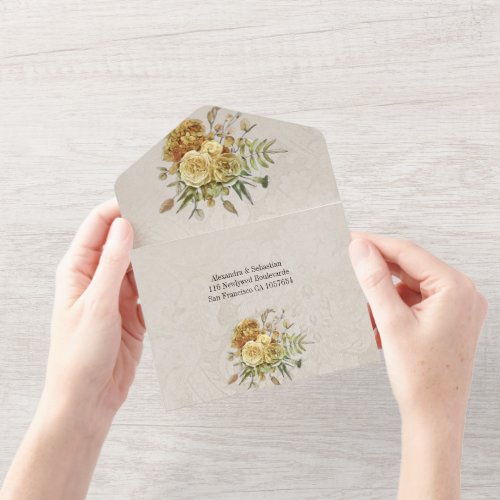 Country Cottage Gold Roses Cream Damask Wedding All In One Invitation