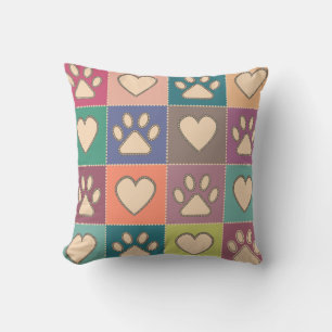 Country Cottage Paw Prints and Hearts Pattern Throw Pillow
