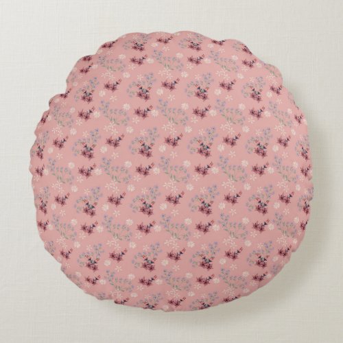 Country Cottage Style Coral Pink Flowers Round Pillow