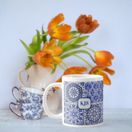 Country Cottage Tile _ Blue  White _ Initials on Giant Coffee Mug