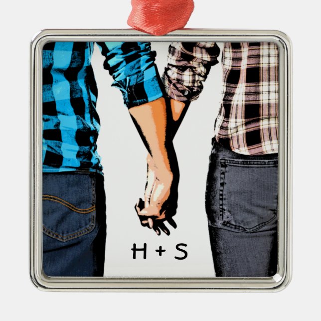 Country Couple Boy and Girl Holding Hands Metal Ornament (Front)