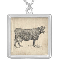 Country Cow Illustrated Art Silver Plated Necklace