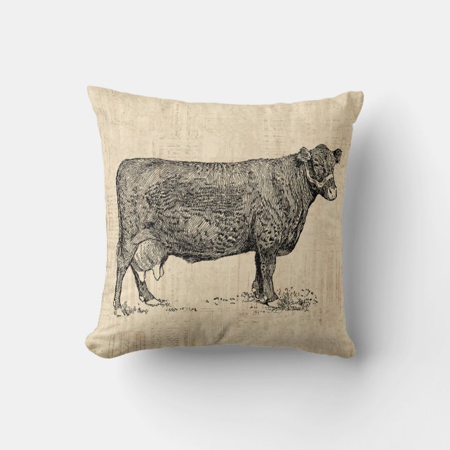 Country Cow Illustrated Art Throw Pillow (Front)
