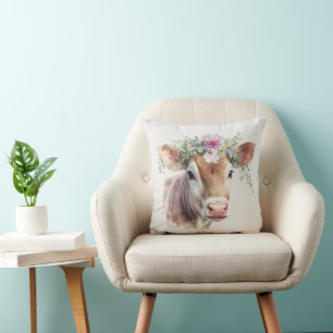 Country Cow With Flowers Throw Pillow