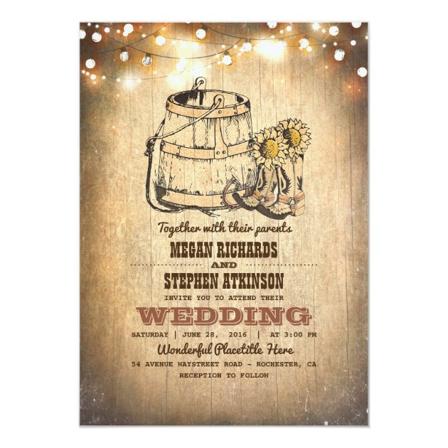 Country Cowboy Boots And String Lights Wedding Invitation