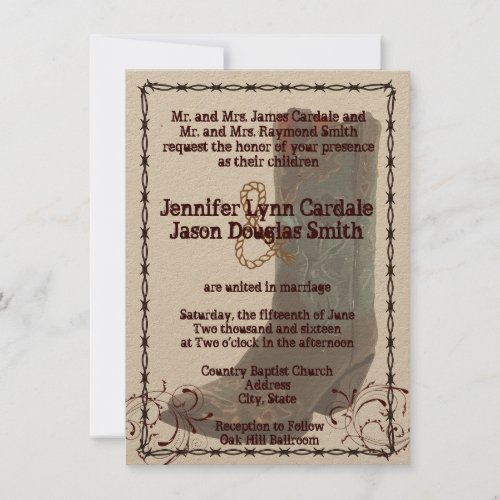 Country Cowboy Boots Barbed Wire Wedding Invites