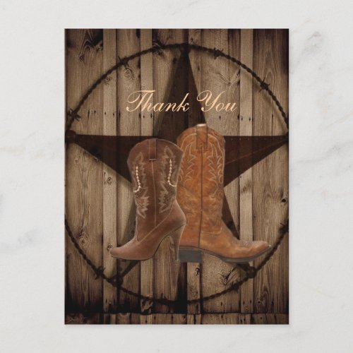 Country Cowboy Boots Western Wedding thank you Postcard
