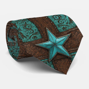 Country Cowboy Brown Turquoise Western Star Neck Tie