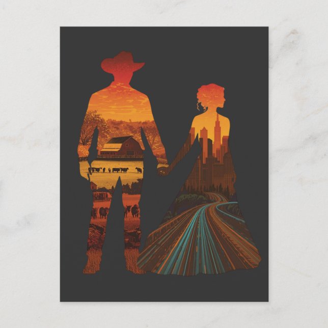 Country Cowboy & City Girl Silhouette Postcard (Front)