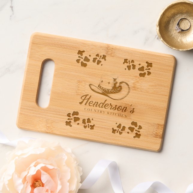 Country Cowboy Hat Cow Print Engraved Cutting Board (Wedding)