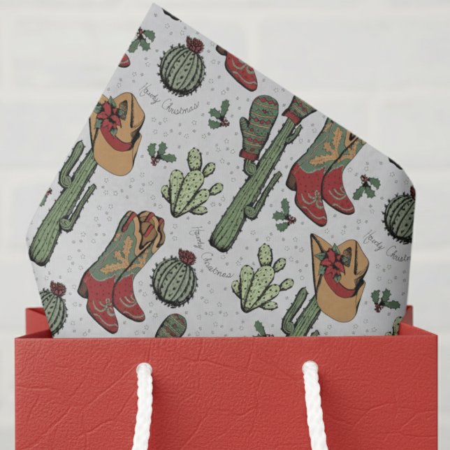 Country Cowboy Howdy Christmas Gray Tissue Paper (Elegant Light Gray Howdy Christmas Western Cowboy Ivory Tissue Paper. Cowgirl Boots & Cactus Pattern)