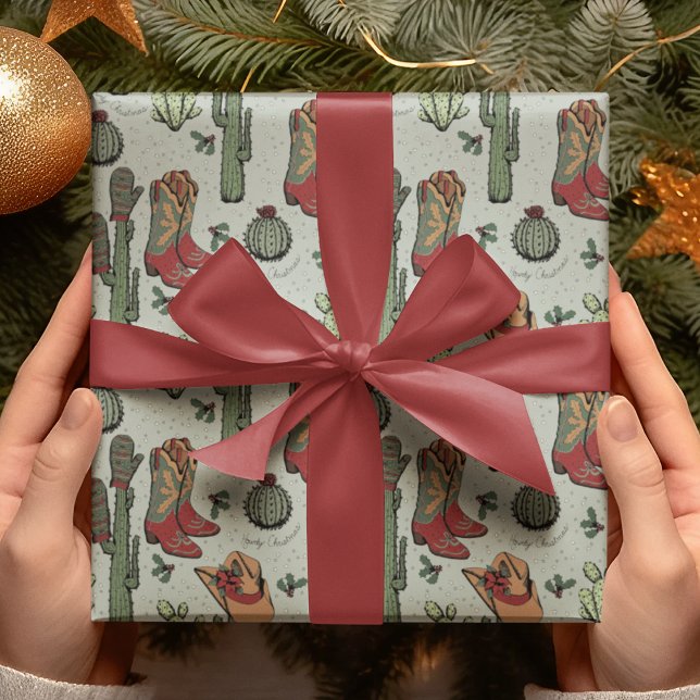 Country Cowboy Howdy Christmas Wrapping Paper (Festive Country Xmas Hand-Drawn Art. Cowboy Boots, Cacti, Winter Gloves, Poinsettia, Holly & Stars.)