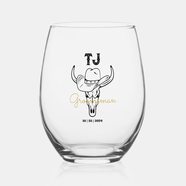 Country Cowboy Personalized Groomsmen Monogram Stemless Wine Glass (Front)
